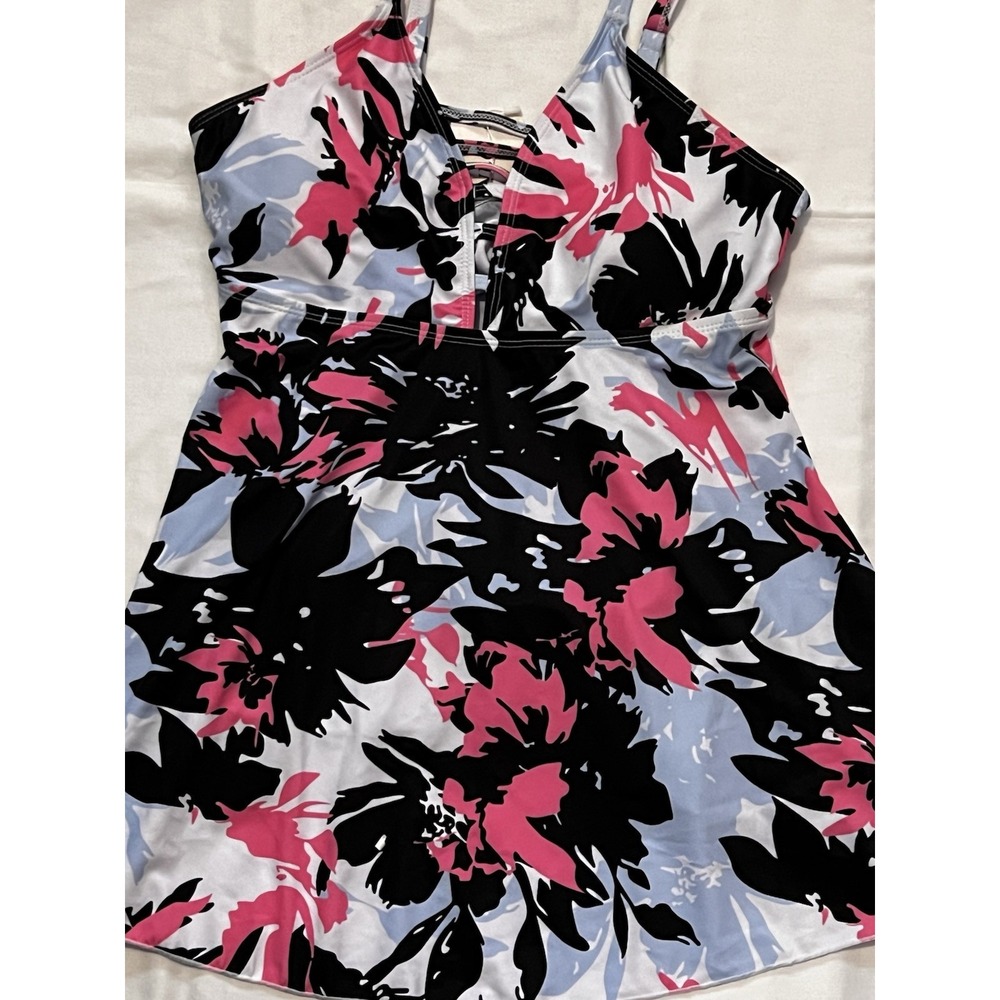 FINWANLO Women Medium Floral Tankini Swim Dress Top Strappy V-Neck Pink Blue NWT - Picture 4 of 7